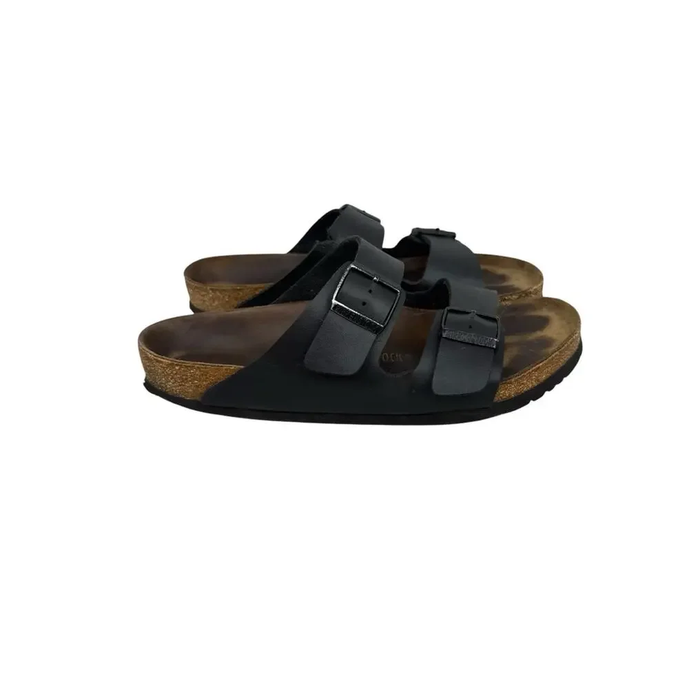 BIRKENSTOCK Arizona Men's Sz 10 Black Leather Two-Strap Sandals Cork Footbed
